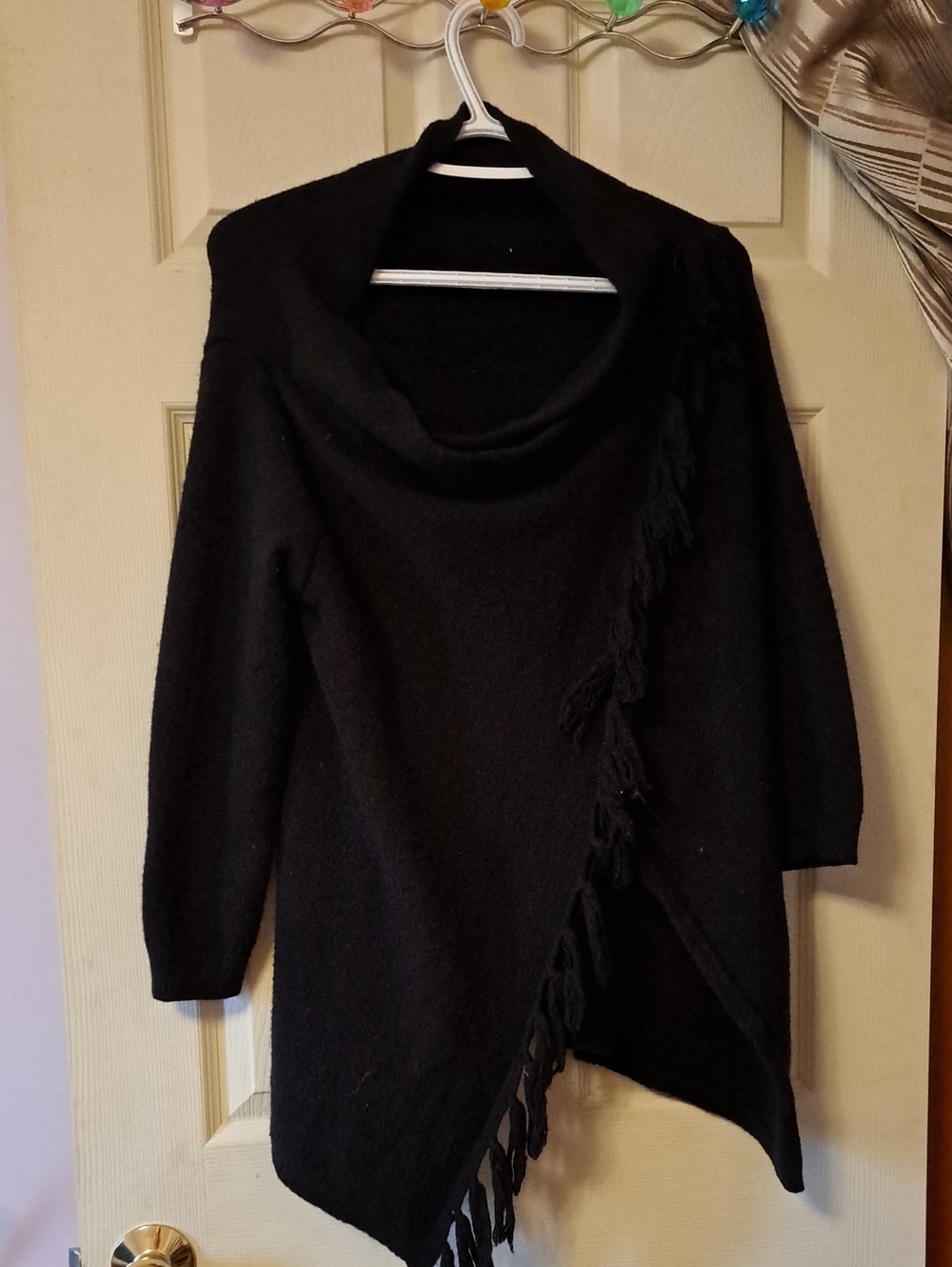 SHEIN Black Fringe Open-Front Cowl Sweater Size 4